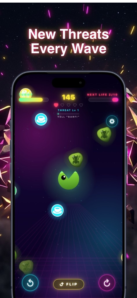 Gameplay with alien vermin closing in, good orbs for ammo, and threat level rising each wave