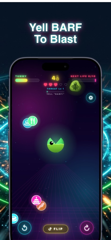 In-game HUD showing tummy meter, yell Barf prompt, and alien orbs approaching the central blob